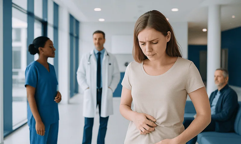 Woman experiencing abdominal discomfort in a hospital corridor.