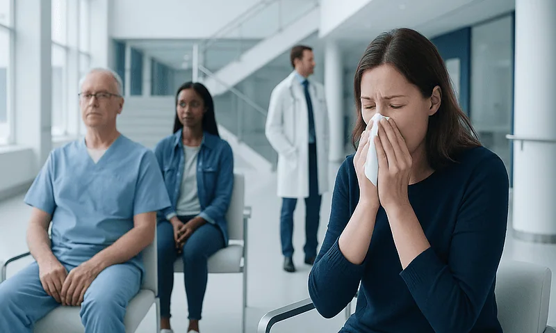 Woman sneezing in a hospital waiting area with medical staff nearby.