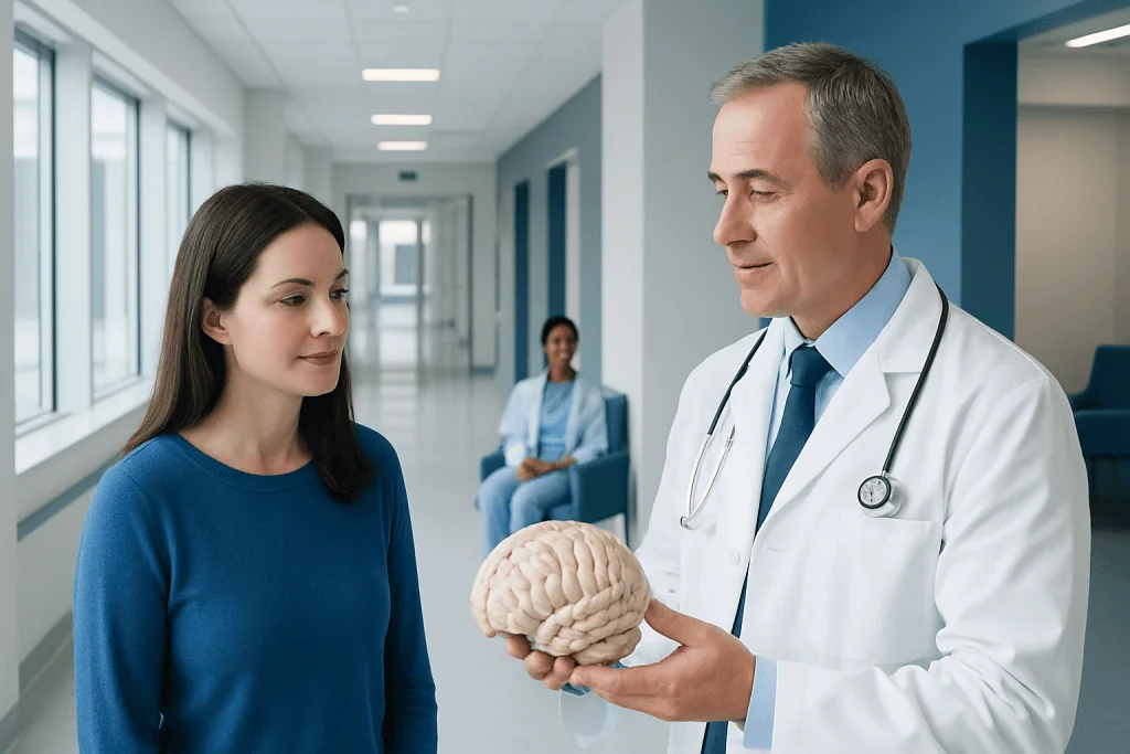 How the Human Brain Uses Energy: Why Focus and Fatigue Change 1 Doctor explaining brain to patient in hospital corridor.