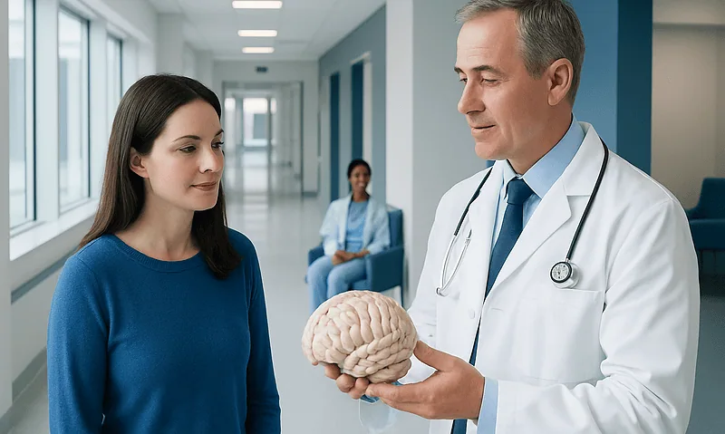 Doctor explaining brain to patient in hospital corridor.