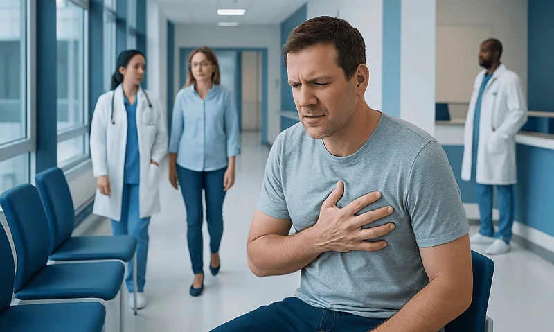 After vomiting chest hurts: Symptoms, Causes, and Treatment — Complete Patient Guide 7 Man clutching chest with medical staff in hospital corridor.