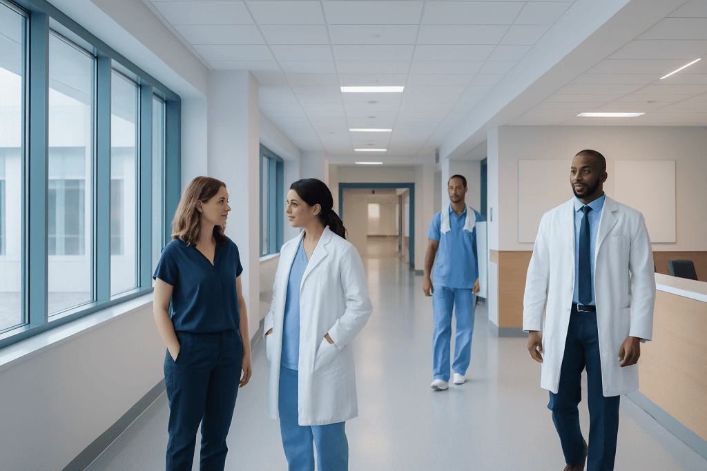 Neuroimmune Disorders or Infection? How Doctors Tell the Difference 1 Medical team walking in hospital corridor with large windows and natural light.