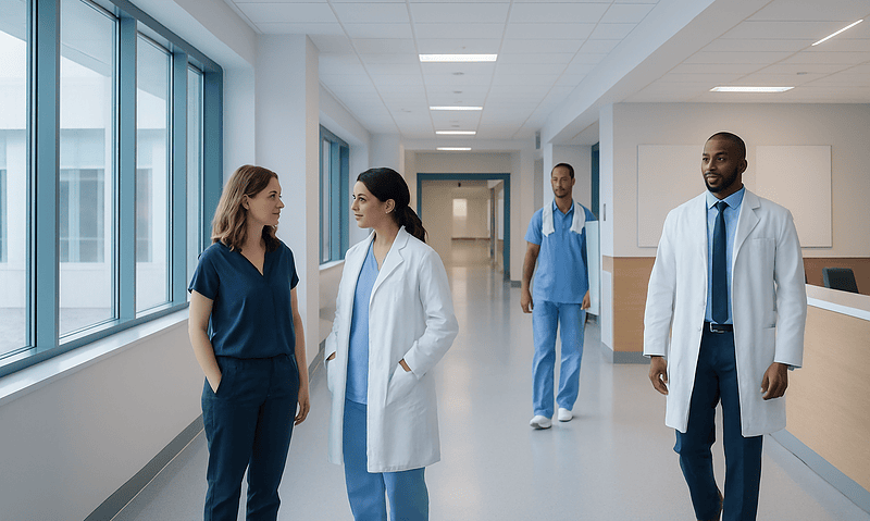 Medical team walking in hospital corridor with large windows and natural light.