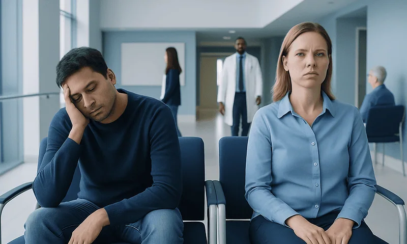 Patients waiting in a hospital corridor, one appears tired and worried.