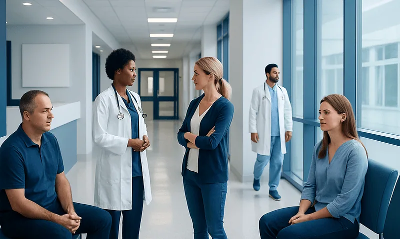 Doctors and patients in a hospital corridor discussing health concerns.