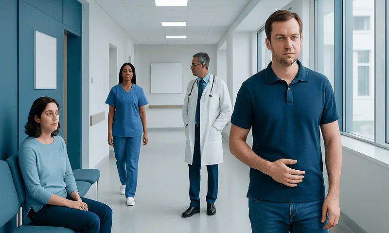 Patients and doctors in a hospital corridor at Acibadem Hospitals Group.