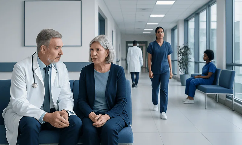 Doctor consulting with an elderly female patient in a hospital corridor.