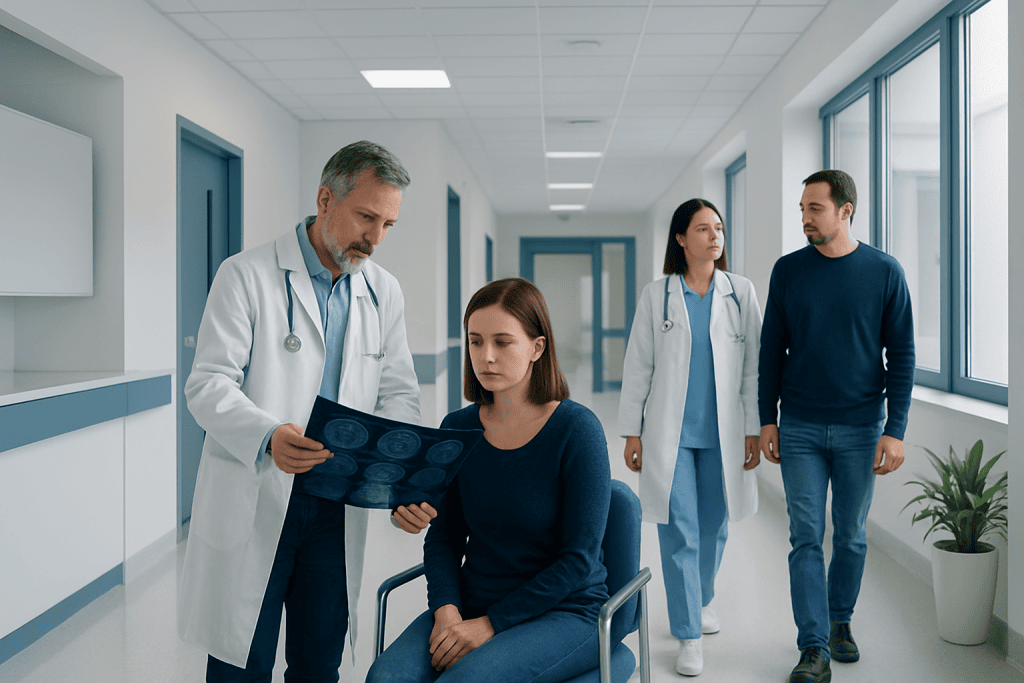 Brain Tumor or Functional Disorder? When Neuropsychiatry Helps Clarify Symptoms 1 Doctor explaining brain scan to patient in hospital corridor.