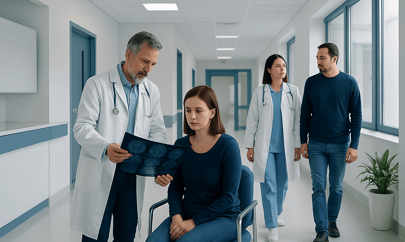 Doctor explaining brain scan to patient in hospital corridor.