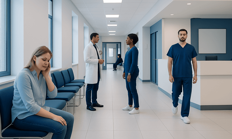 Patients and doctors in a modern hospital corridor at Acibadem Hospitals Group.