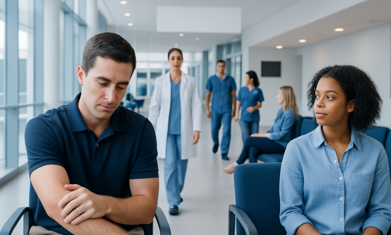 Patient with bumpy rash on elbows in hospital waiting area.