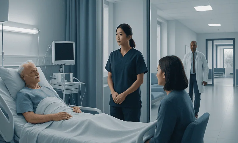 Hospital staff caring for a stroke patient in ICU with medical equipment nearby.