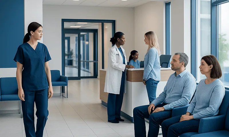 Patients waiting in a hospital lobby with medical staff at reception desk.