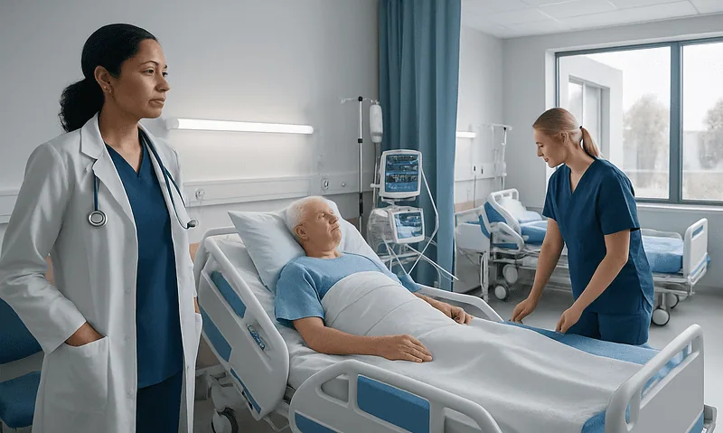 Patient in ICU after coronary bypass surgery with medical staff attending.