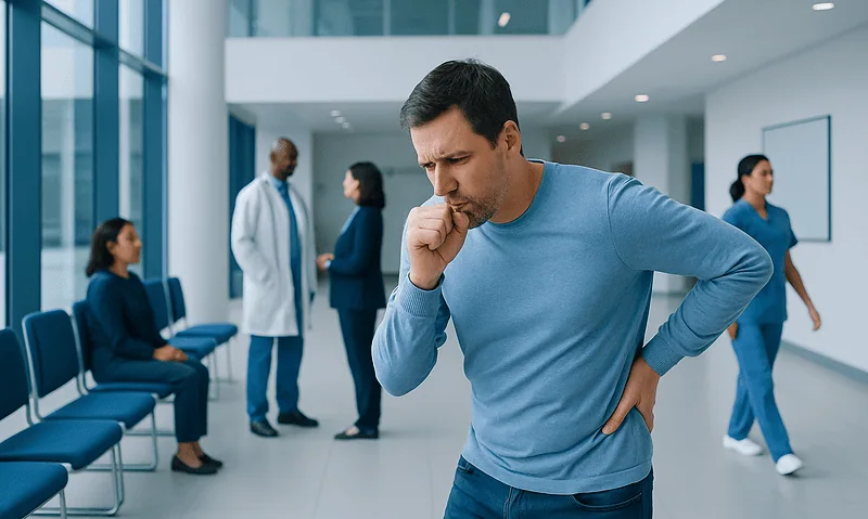 Man with lower back pain in hospital waiting area.