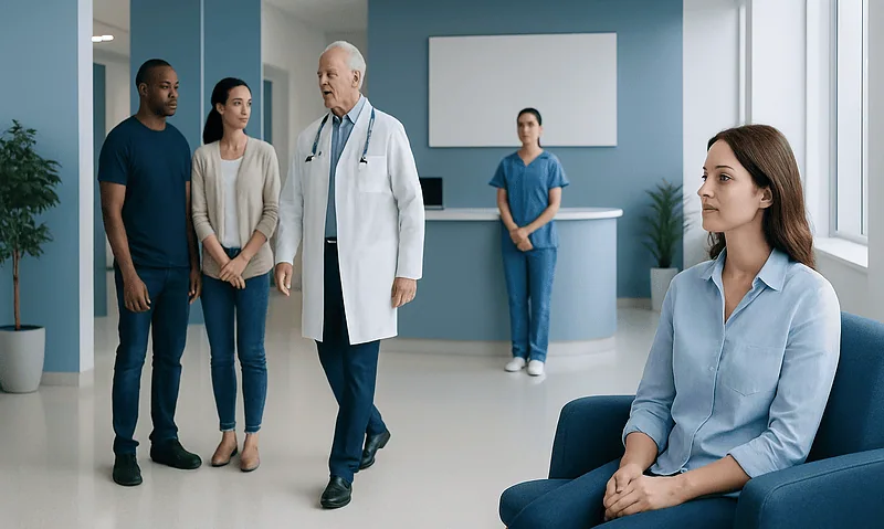 Doctor consulting with patients in a modern hospital waiting area.