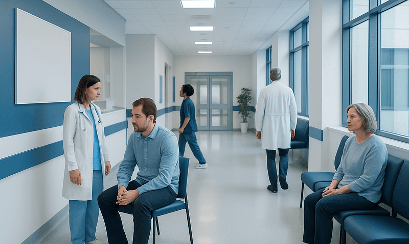 Medical professionals and patients in a hospital corridor.