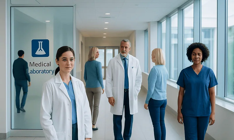 Medical laboratory staff and patients in a modern hospital corridor.