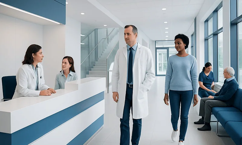 Hospital reception area with medical staff and patients.
