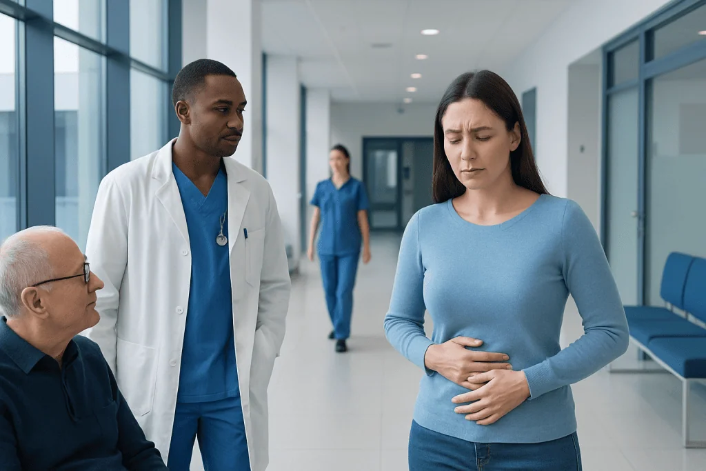 Tummy Rumbling After Eating: An Evidence-Based Guide for Patients 1 Woman experiencing stomach pain in hospital corridor with medical staff nearby.