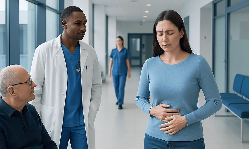 Woman experiencing stomach pain in hospital corridor with medical staff nearby.