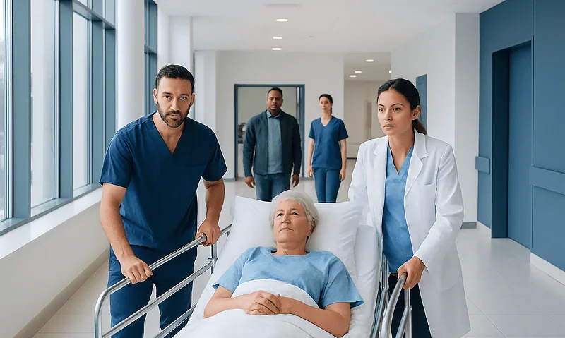 Medical team attending to a patient in a hospital corridor.