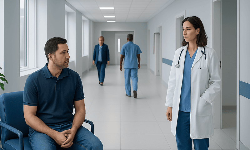 Doctor consulting a patient in hospital corridor with medical staff in background.
