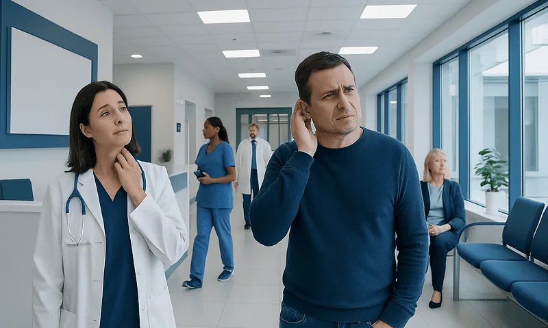 Patient experiencing ear discomfort in hospital corridor with medical staff nearby.