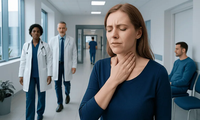 Woman with sore throat in hospital corridor with medical staff nearby.