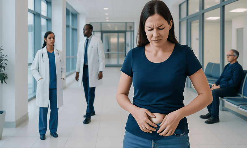 Woman experiencing abdominal discomfort in hospital corridor.