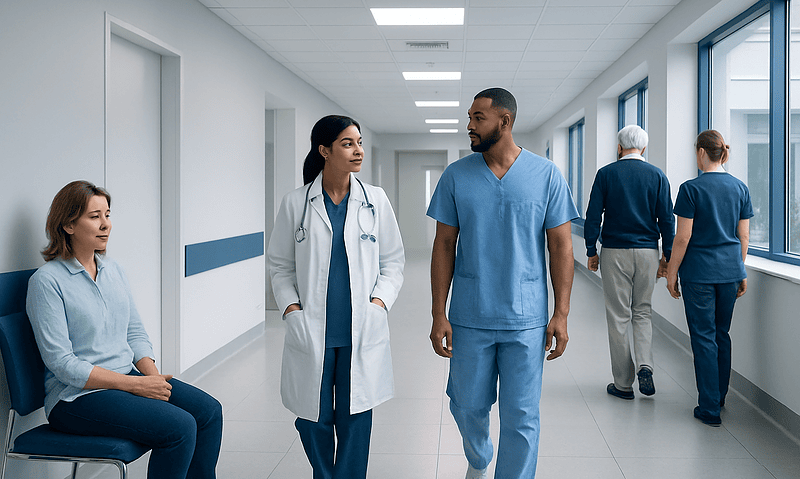 Medical team walking in hospital corridor with patient sitting nearby.
