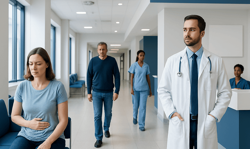 Why does my whole body hurt: Common Causes, Warning Signs, and When to Worry 9 Patient experiencing abdominal pain in hospital corridor with medical staff nearby.