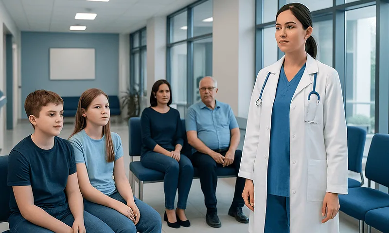 Pediatric consultation in a hospital waiting area with a doctor and children.