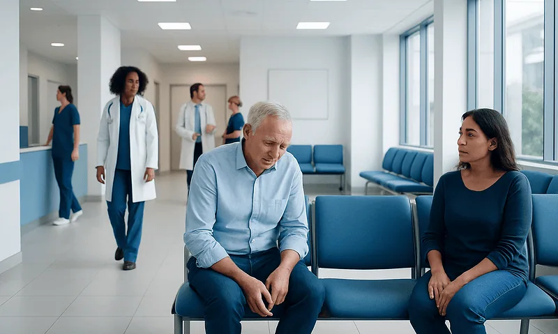Patient and nurse in hospital corridor with medical staff in background.