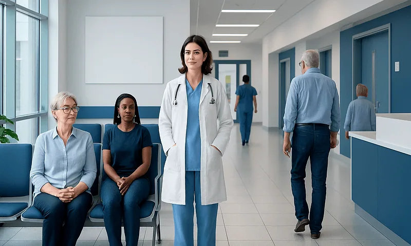 Healthcare professional with patients in a hospital corridor.