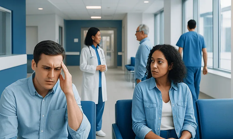 Patients waiting in a hospital corridor with medical staff nearby.