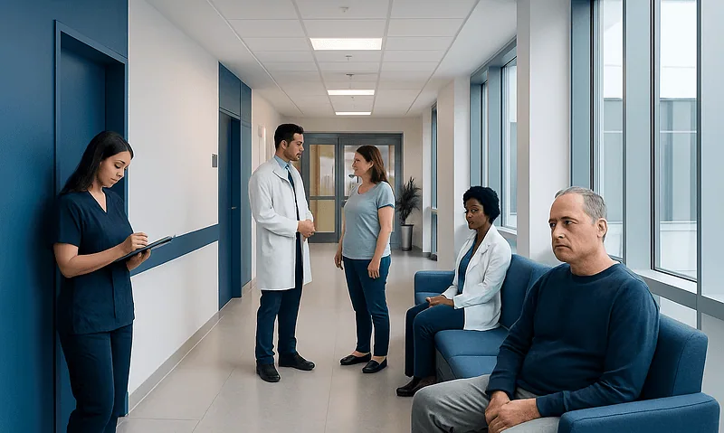 Medical team discussing patient care in hospital corridor.