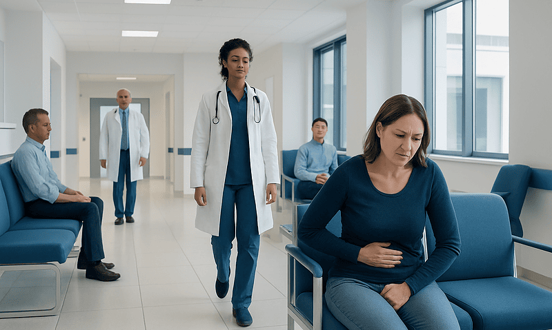 Patient experiencing abdominal pain in a hospital waiting area.