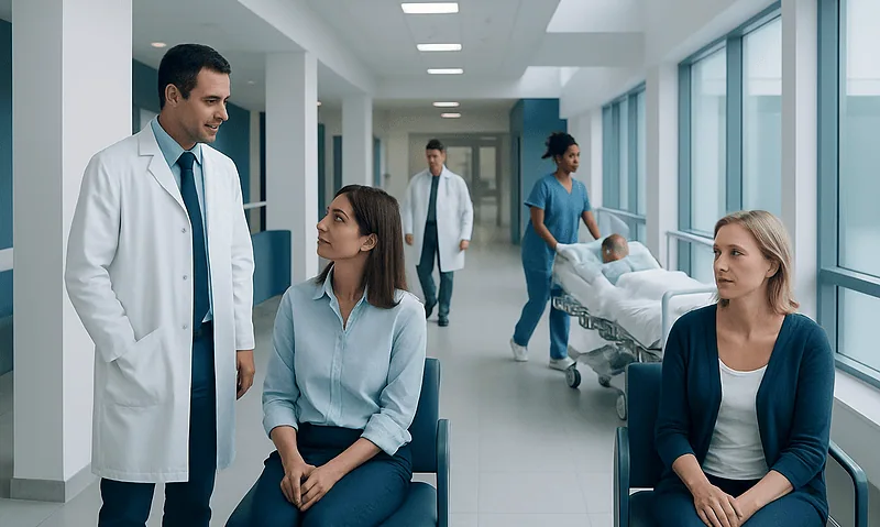 Doctors and patients in a modern hospital corridor with beds and medical staff.