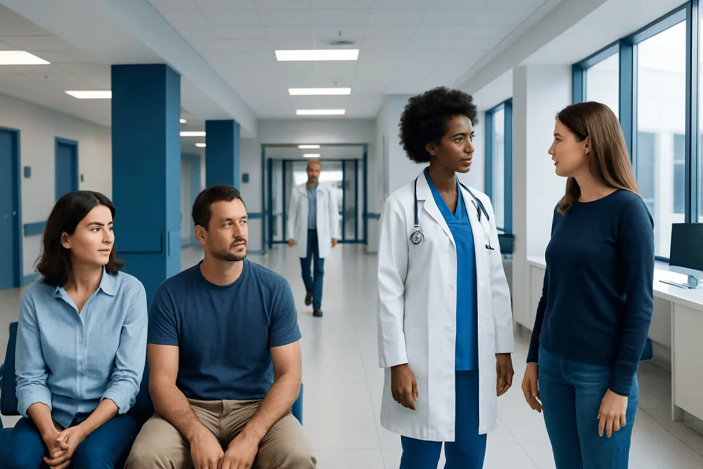 Restless Legs Syndrome vs Narcolepsy: Why Daytime Sleepiness Has Different Causes 1 Medical consultation in hospital corridor with doctor and patients.