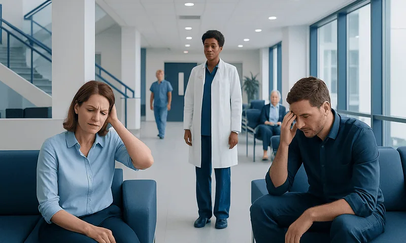 Patients with headache symptoms in a hospital waiting area.