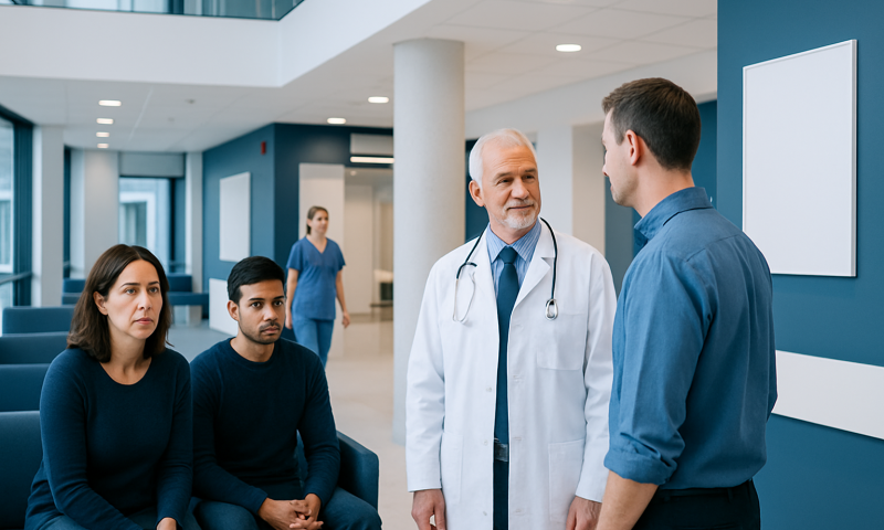 Doctor consulting with patients in a hospital corridor.