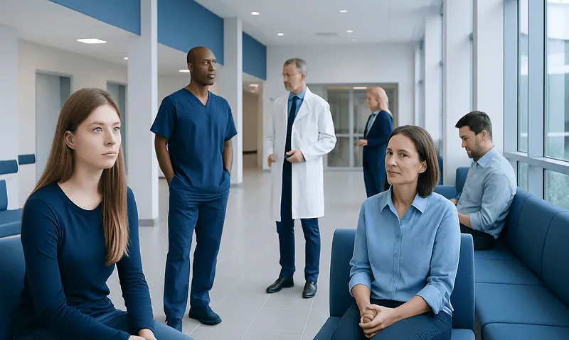 Patients waiting in a hospital corridor with medical staff nearby.