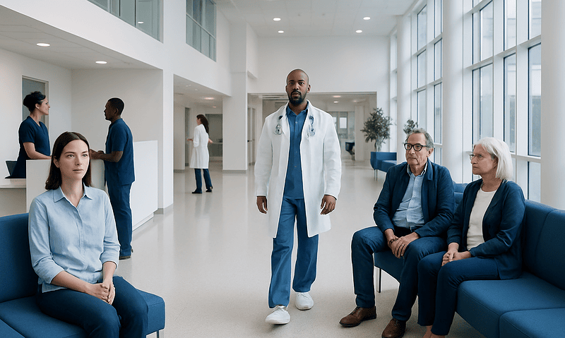 Diverse group of patients and doctor in hospital waiting area.