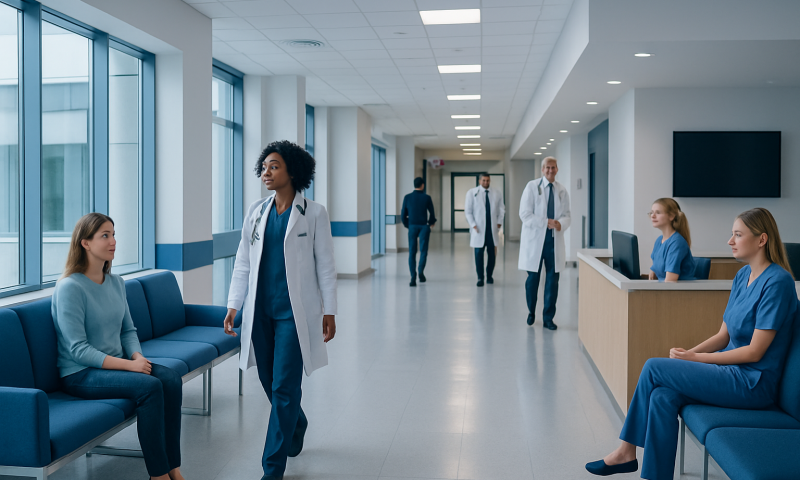 Healthcare professionals and patients in a modern hospital corridor.