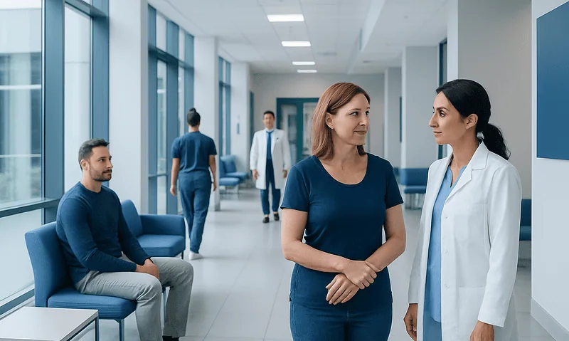 Hospital corridor with patients and medical staff engaging in conversation.