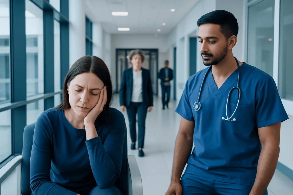 Tired Fatigue Nausea: Common Causes, Related Conditions, and When to See a Doctor 1 Patient experiencing headache in hospital corridor with healthcare professional nearby.