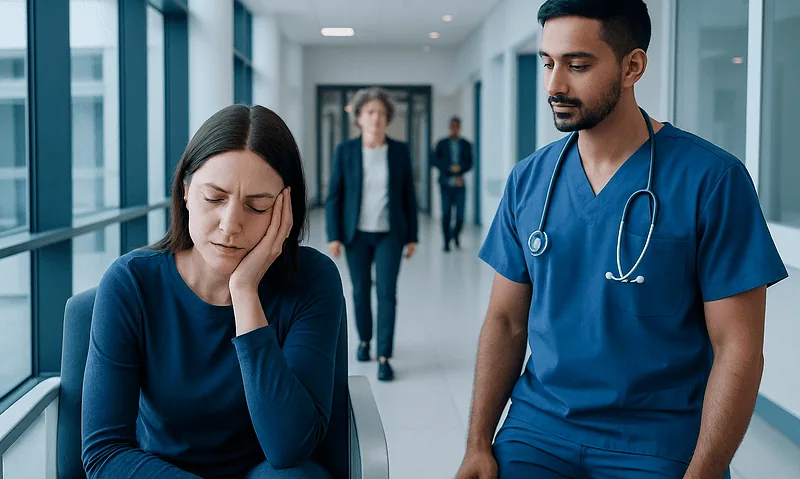 Patient experiencing headache in hospital corridor with healthcare professional nearby.