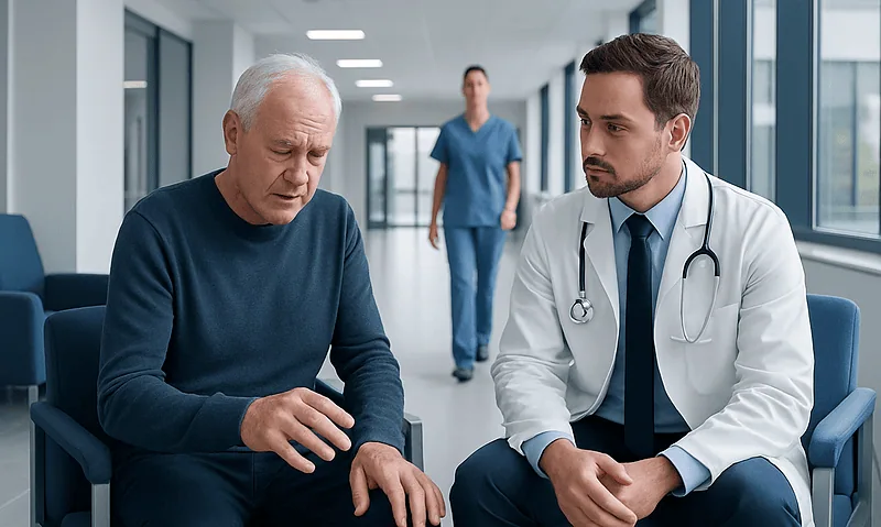 Doctor examining elderly man's hand in hospital corridor.