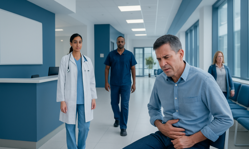 Patient experiencing stomach pain in hospital corridor with medical staff nearby.